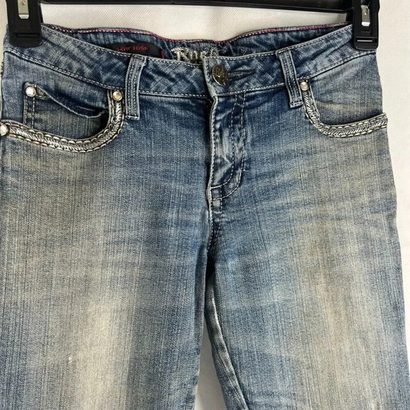 Rock 47 by Wrangler Low Rise Y2k Embellished Bootcut Denim Blue Jeans Sz 30/34 - Picture 3 of 10